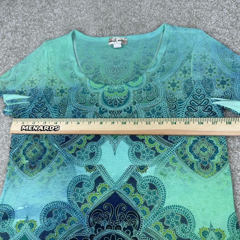 World Unity Paisley Mandala Ombre Rhinestone Boho Cutout Top Green Medium M - Picture 3 of 7